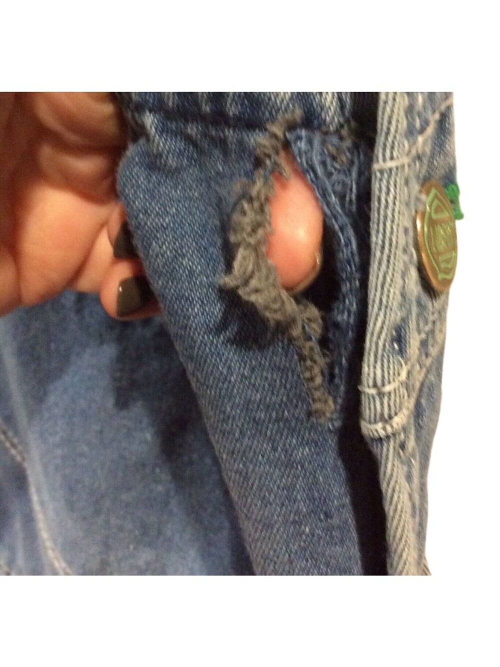 Liberty Bib Overalls 48x25 Blue Denim Cotton Farmer Industrial Work Trashed HOLE - Picture 4 of 5